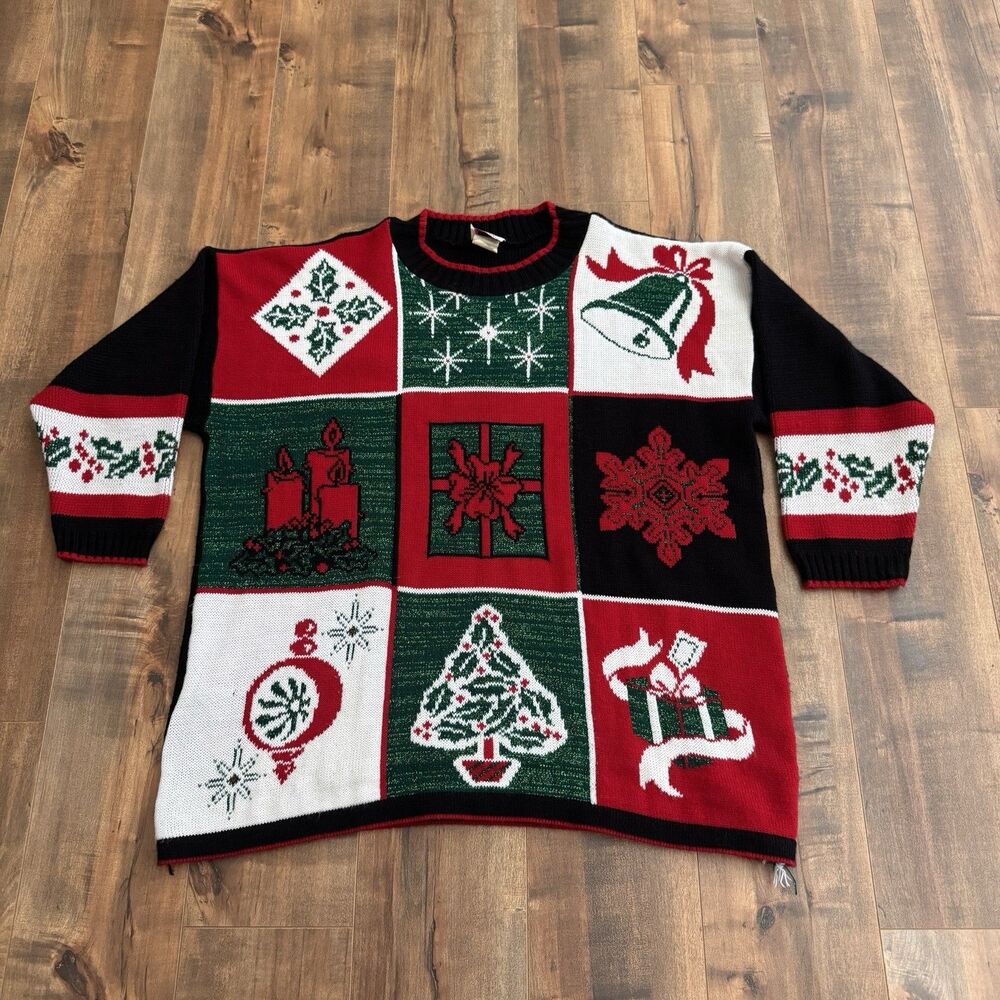 VTG Nutcracker Ugly Christmas Sweater Tree Snowflake Bell Sz 22W 90s Colorblock